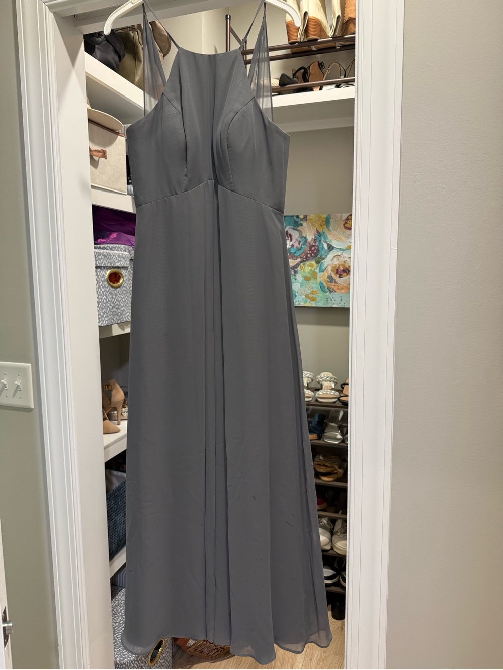 Azazie Gray Chiffon Maxi Dress with Sheer Straps